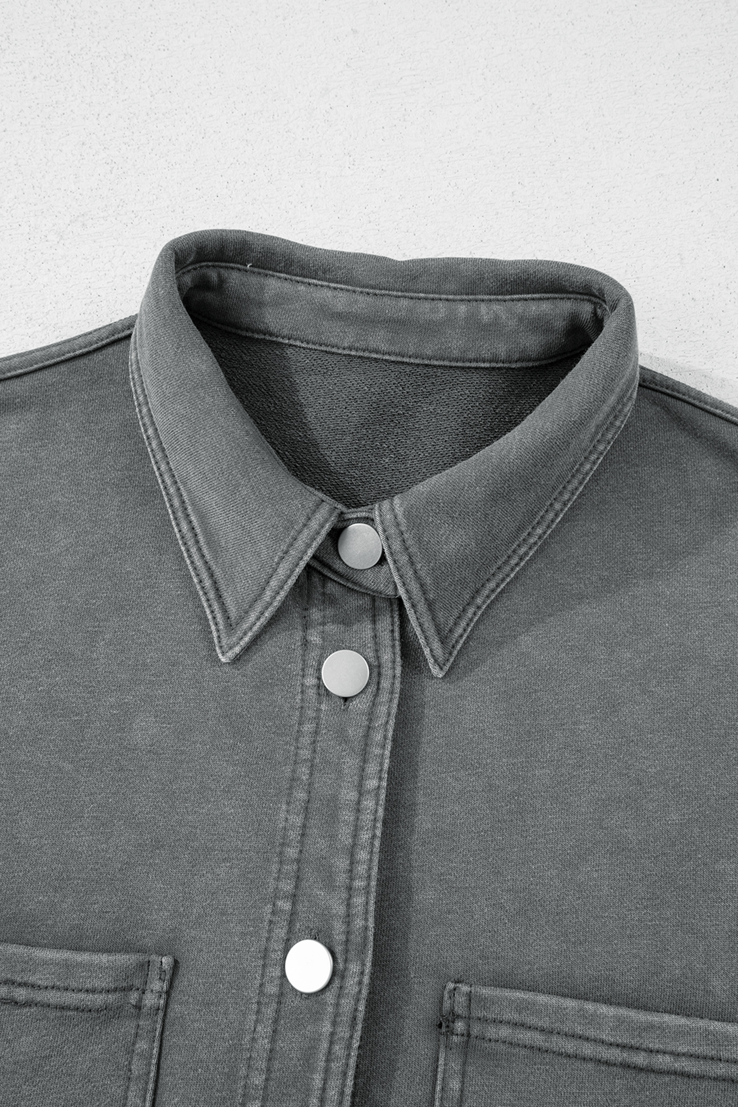 Medium Grey Mineral Wash Chest Pockets Drop Shoulder Shacket with Side Slit - loveforevers