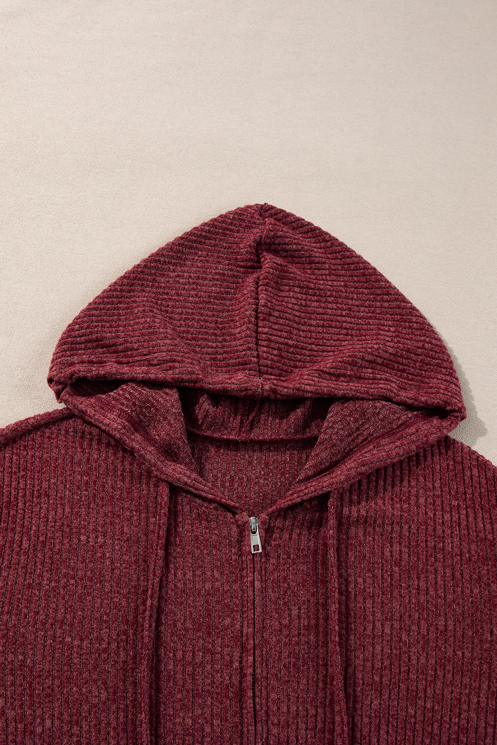 Dark Grey Ribbed Zip Up Front Drawstring Hoodie - loveforevers