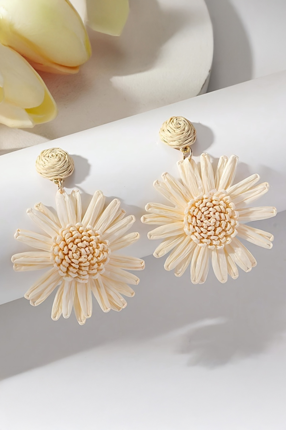 White Boho Raffia Crochet Sunflower Dangle Earrings - loveforevers