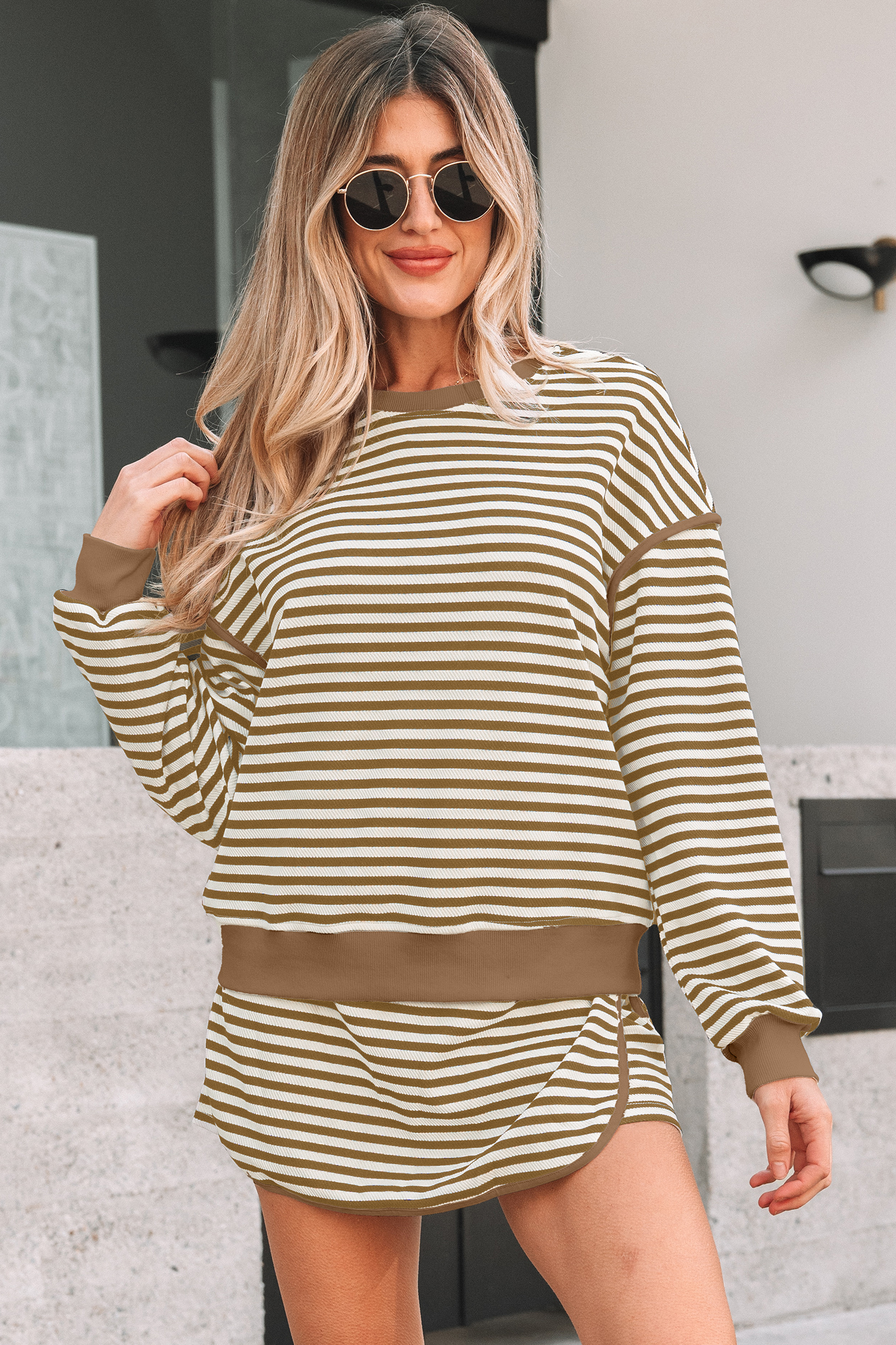 Black Stripe Textured Drop Shoulder Pullover Top Drawstring Mini Skort Two Piece Dress Set - loveforevers