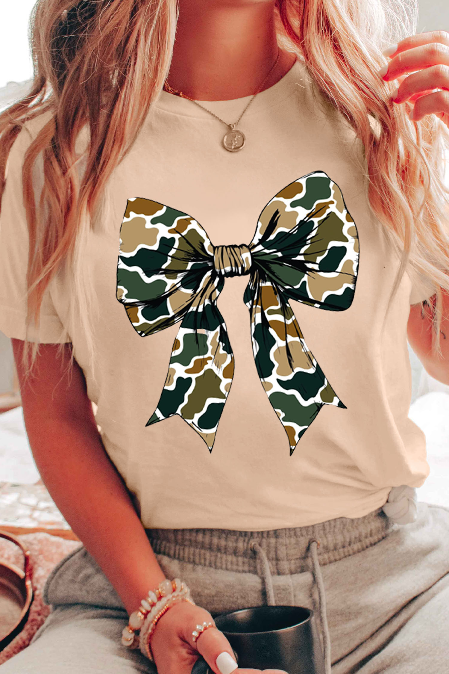 Khaki Camouflage Big Bow Print Womens Casual Tee - loveforevers