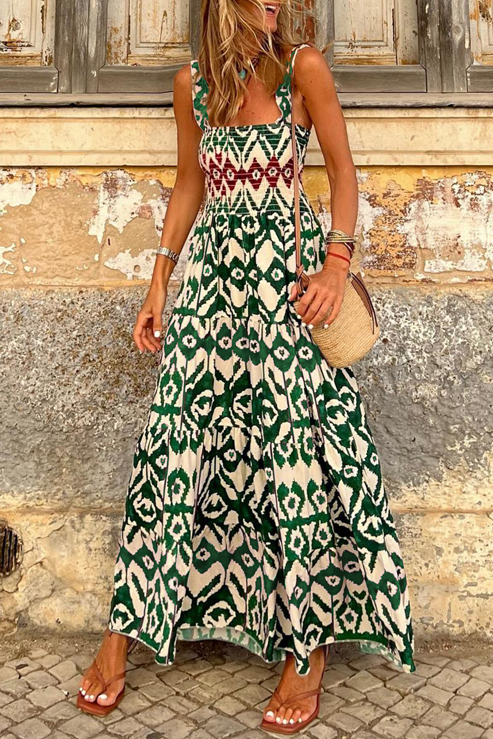 Green Western Aztec Shirred A-line Sleeveless Maxi Dress - loveforevers