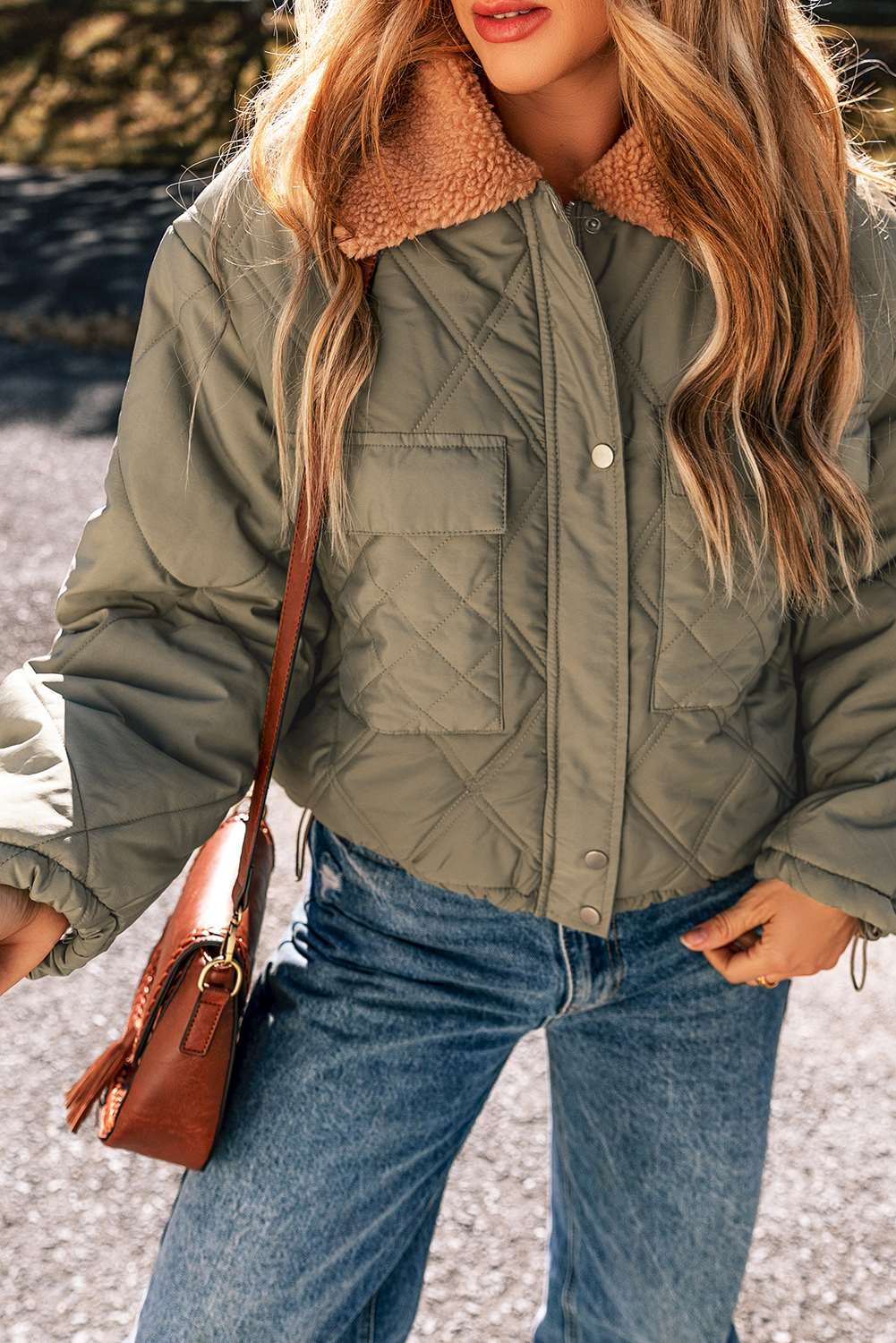 Jungle Green Teddy Collar Flap Pockets Quilted Puffer Jacket - loveforevers