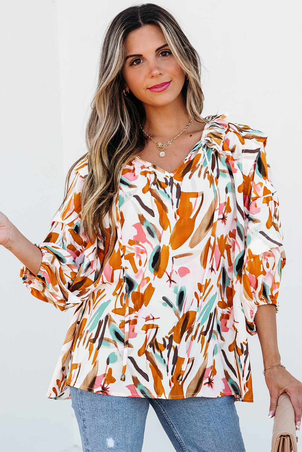Yellow Abstract Print Drawstring Frilled V Neck 3/4 Sleeve Blouse - loveforevers