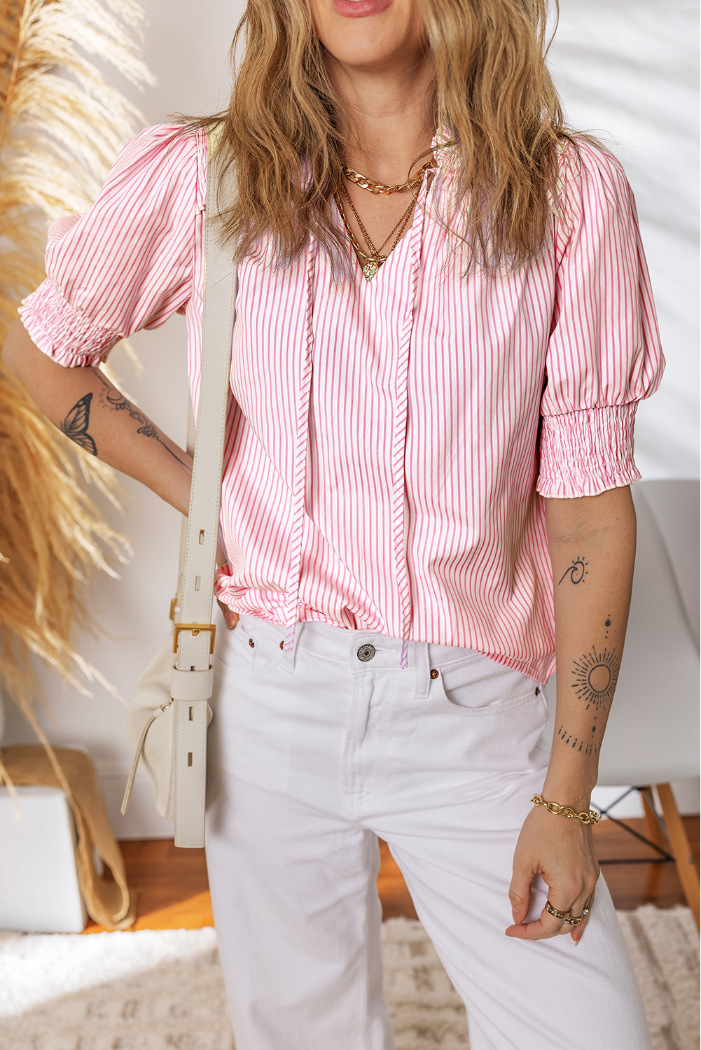 Gray Stripe Shirred Detail V Neck Puff Half Sleeve V Neck Blouse - loveforevers