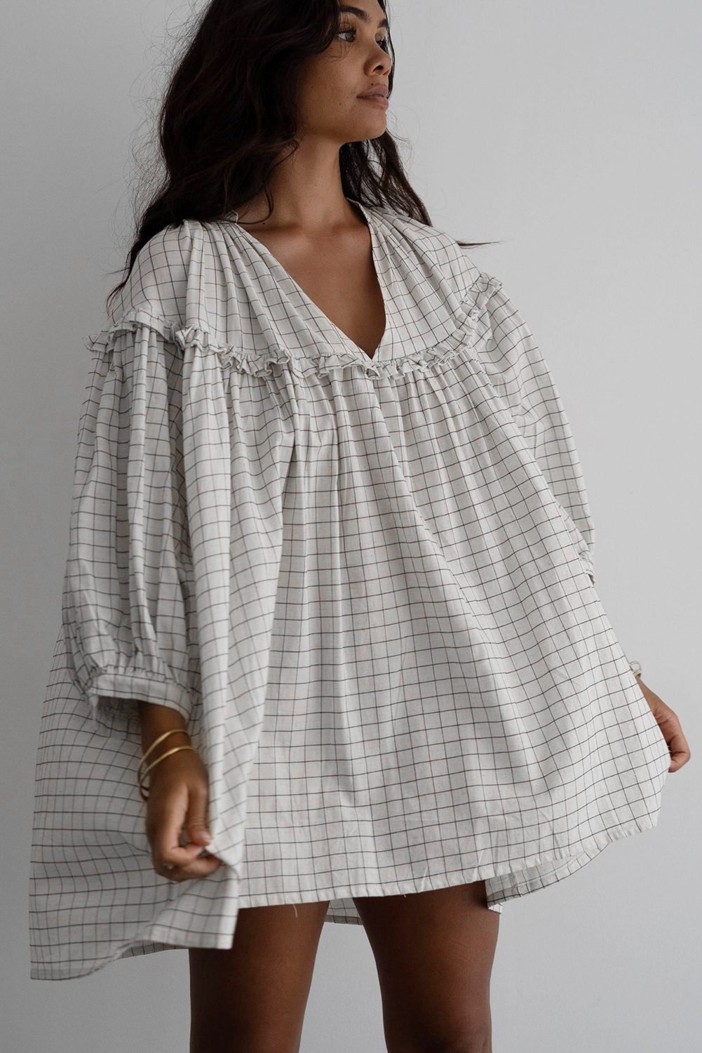 White Stripe Checkered Frilled V Neck Bracelet Sleeve Babydoll Dress - loveforevers
