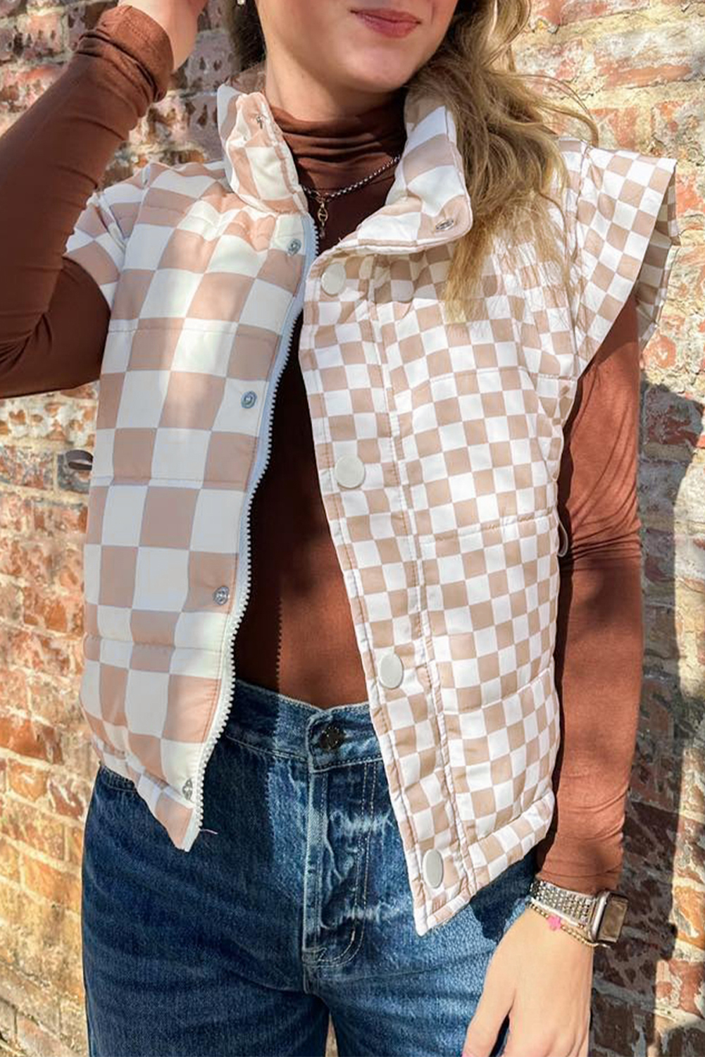 Khaki Contrast Plaid Quilted Button Zip Up Vest - loveforevers