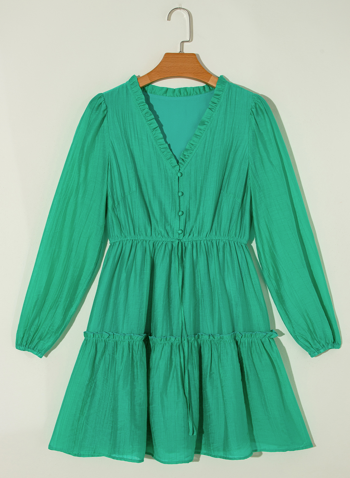 Sea Green Frilly V Neck Puff Sleeve Drawstring Shift Mini Dress - loveforevers