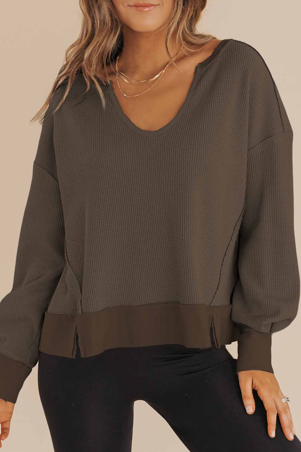 Dark Brown Waffle Knit Notched V Neck Drop Shoulder Solid Sweatshirt - loveforevers