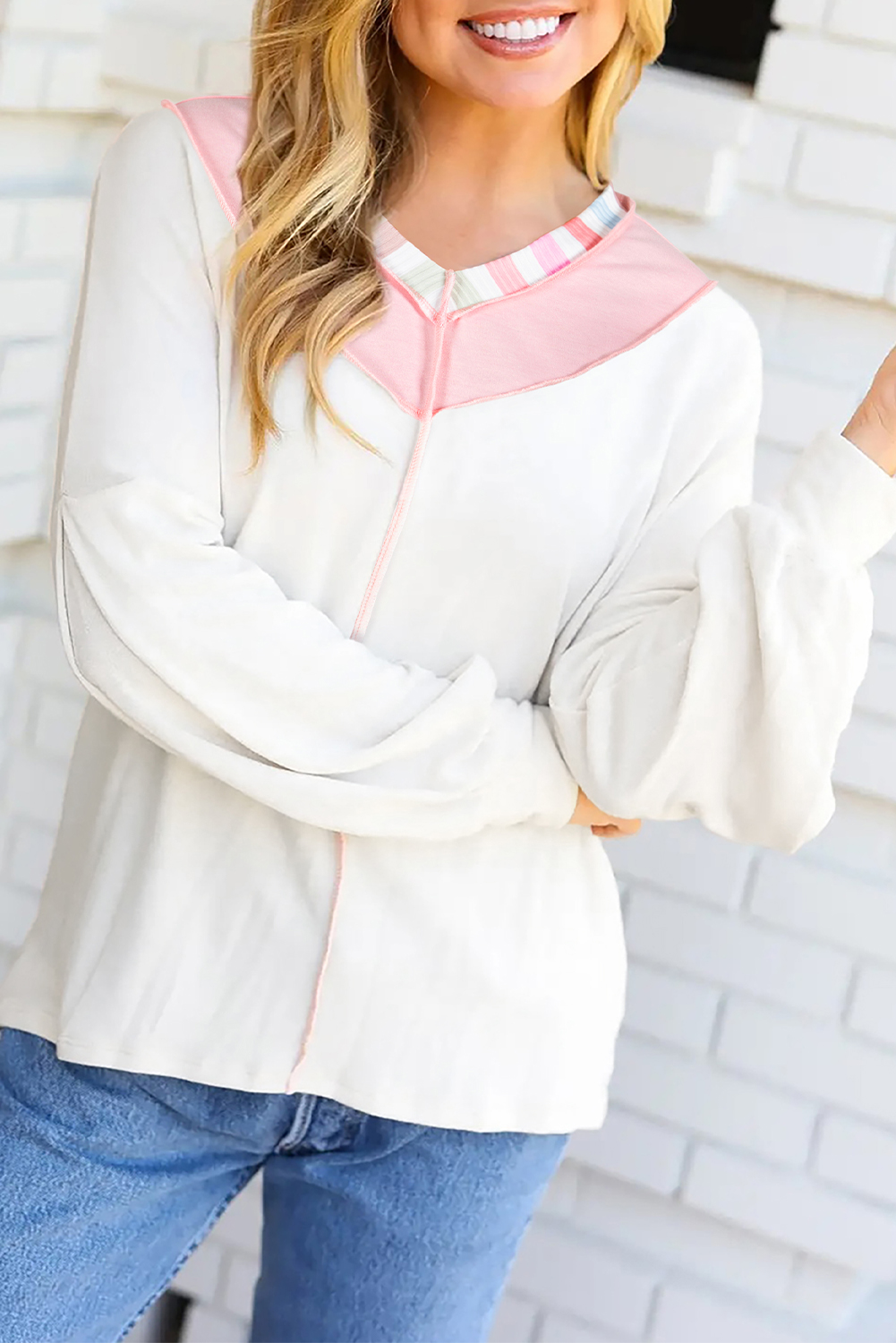 White Exposed Seam Rainbow Stripe Color Block V Neck Loose Long Sleeve Top - loveforevers