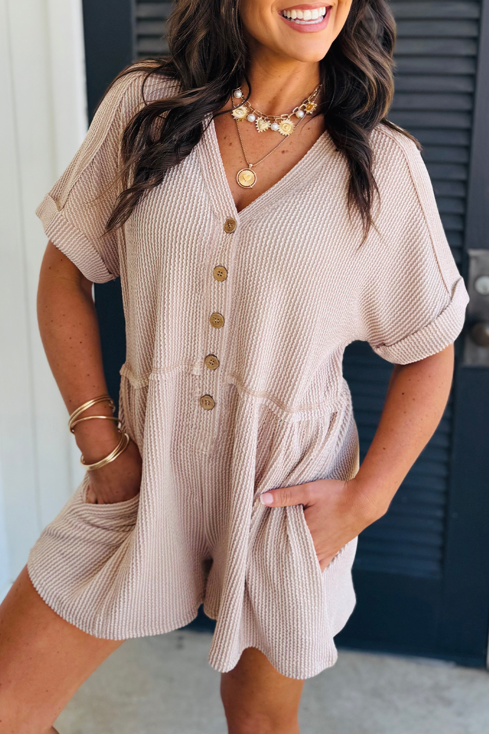 Parchment Spiral Ribbed Short Sleeve V Neck Buttoned Romper with Pocket - loveforevers