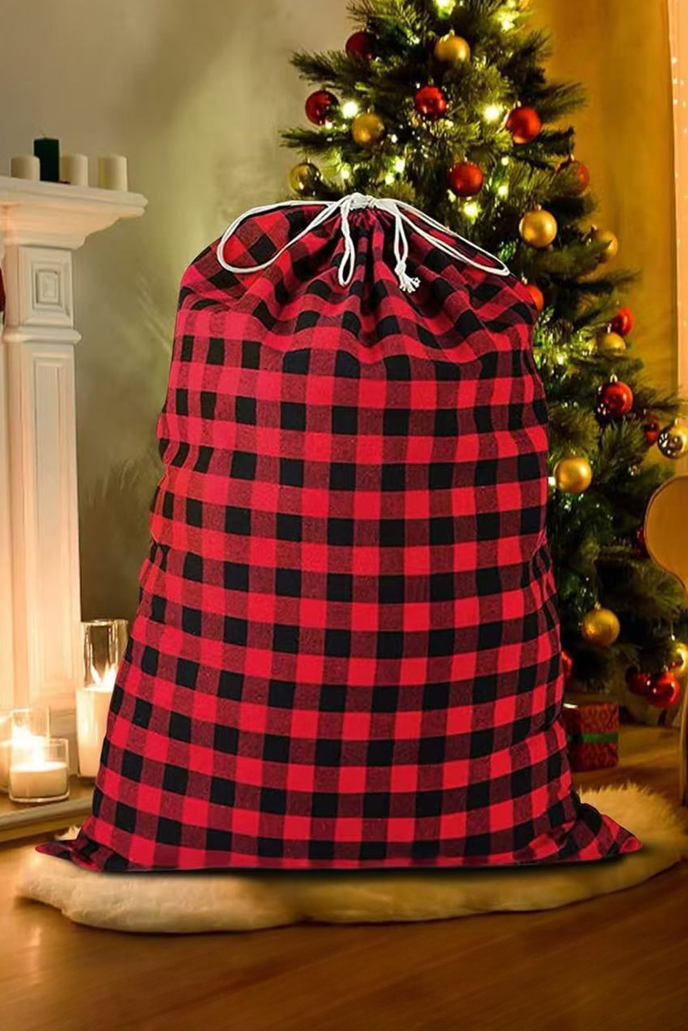 Fiery Red Retro Plaid Reusable Christmas Gift Bag - loveforevers