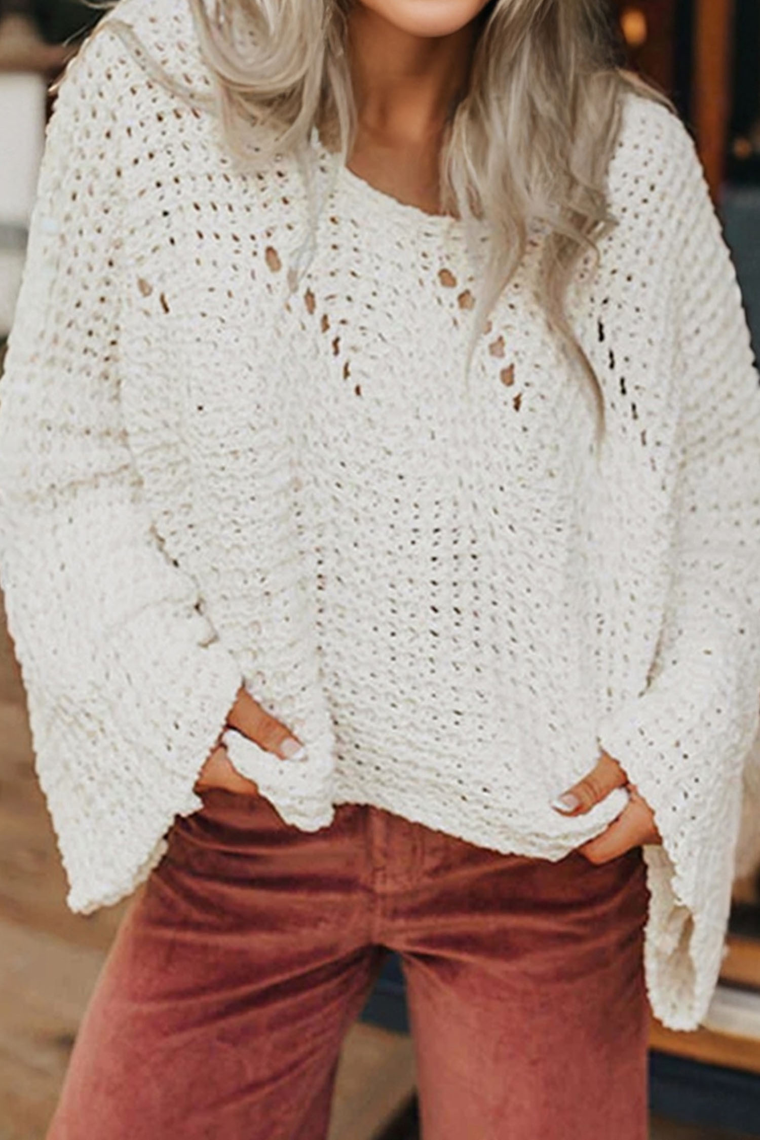 Camel Hollowed Detail Wide Sleeve Loose Pullover Sweater - loveforevers