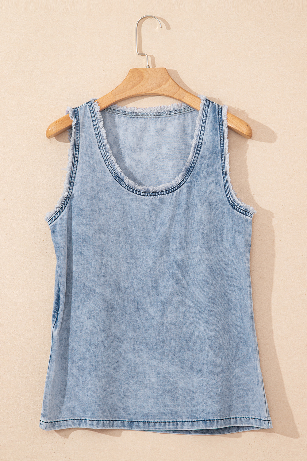 Beau Blue Mineral Wash Denim Frayed U Neck Sleeveless Top - loveforevers