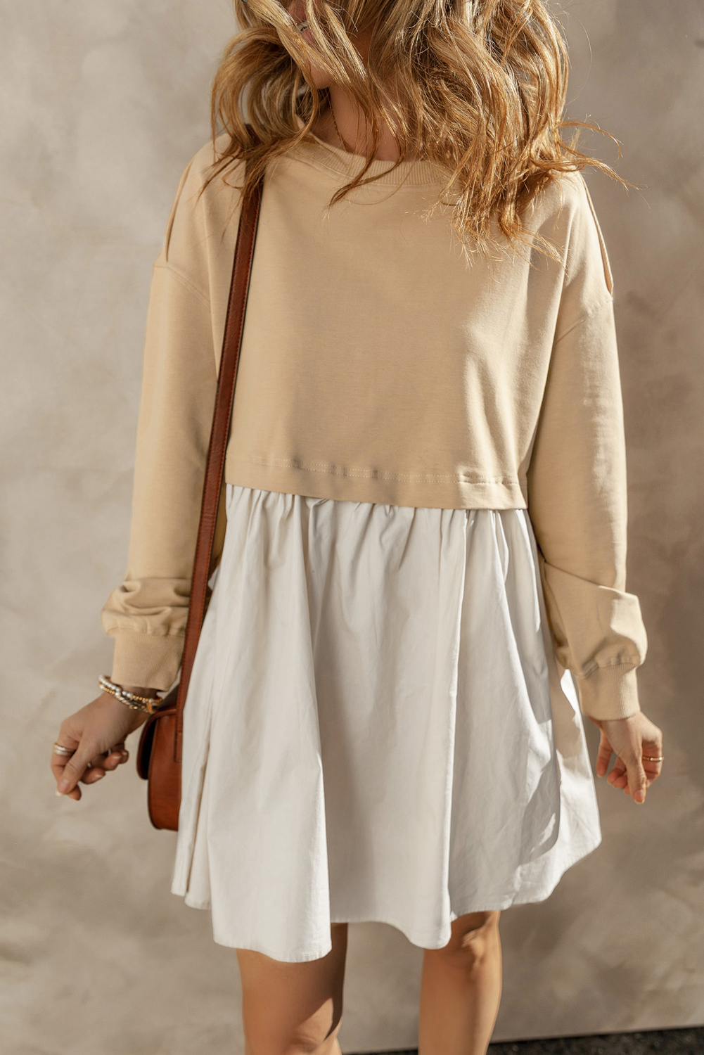 Pale Khaki Sweatshirt Poplin Mini Dress - loveforevers