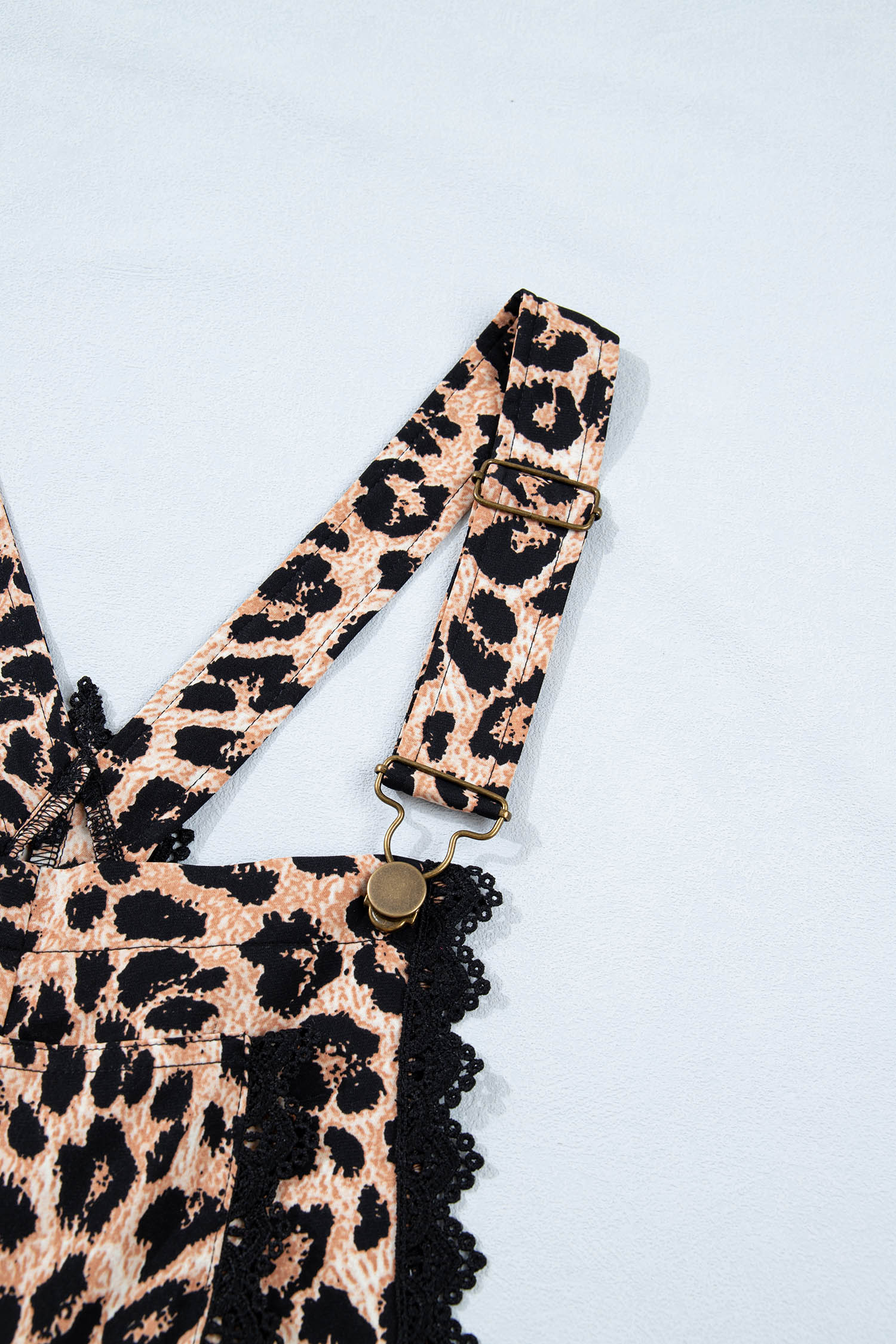 Khaki Cheetah Printed Contrast Lace Detail Ruffled Wide Leg Jumpsuit - loveforevers