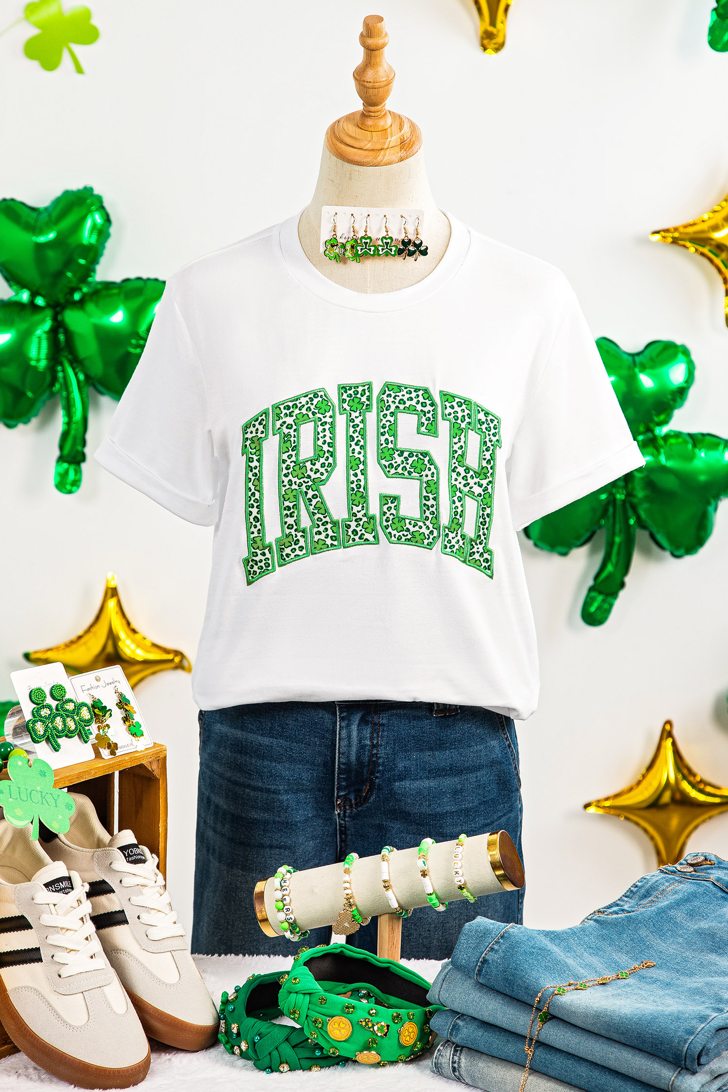 White IRISH Leopard Clover Embroidered Patch Graphic Tee - loveforevers