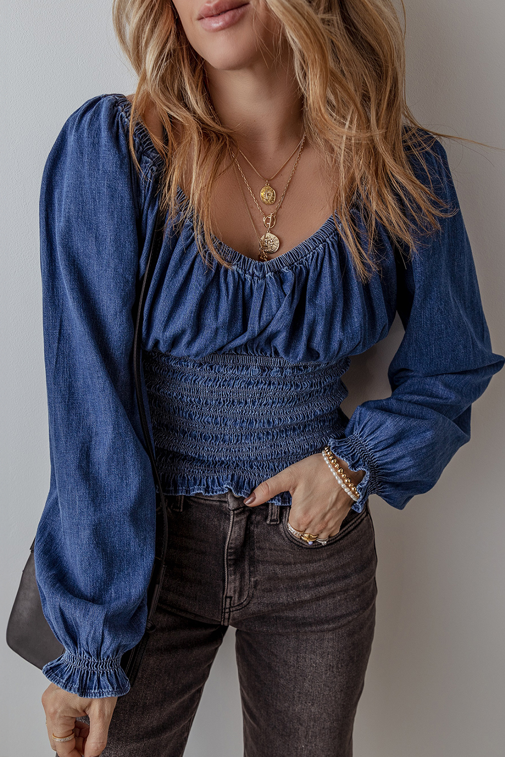 Dark Blue Smocked Ruffled Puff Sleeve V Neck Denim Blouse - loveforevers