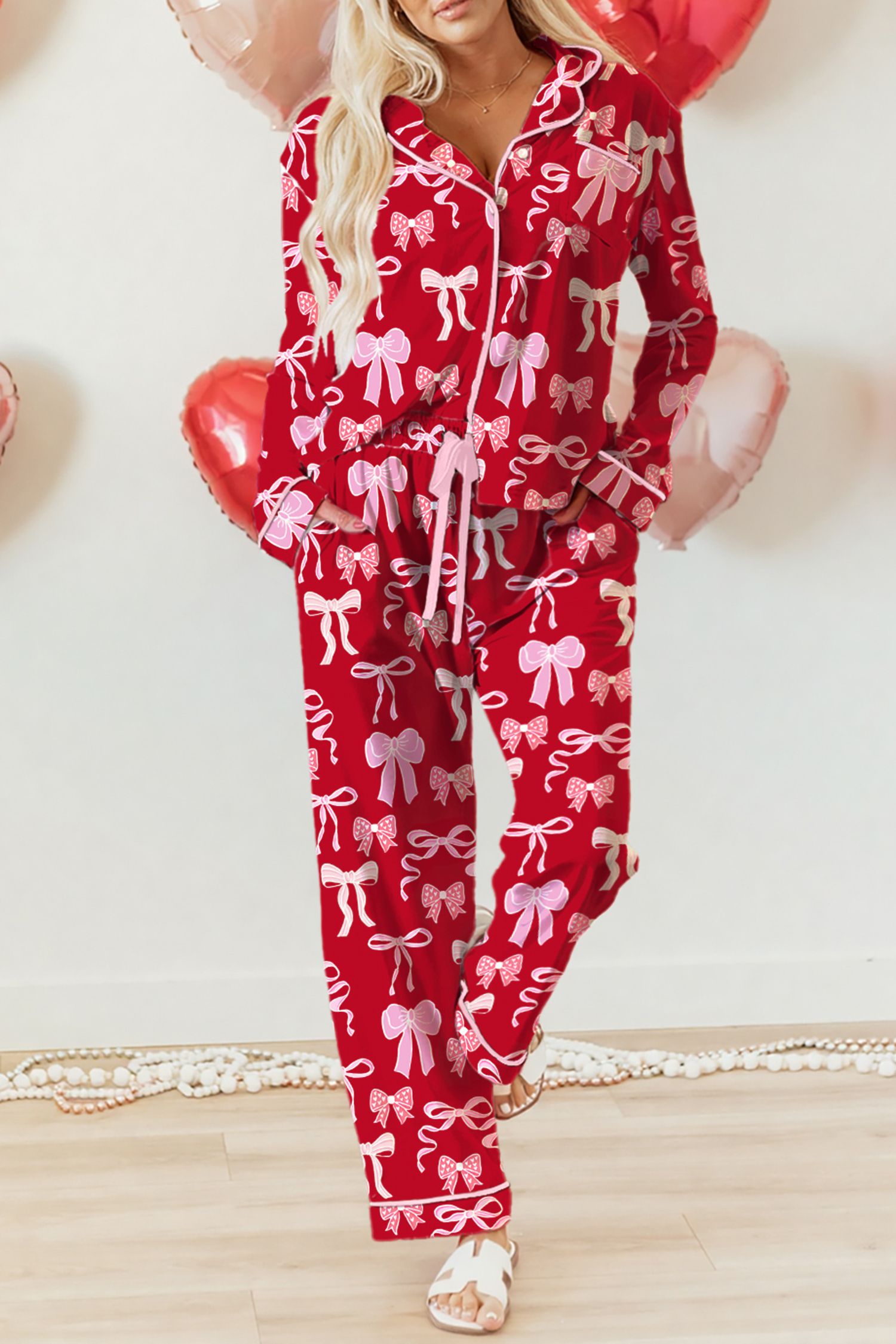 Red Sweet Bow Print Shirt Style Top Long 2pcs Pajama Set - loveforevers