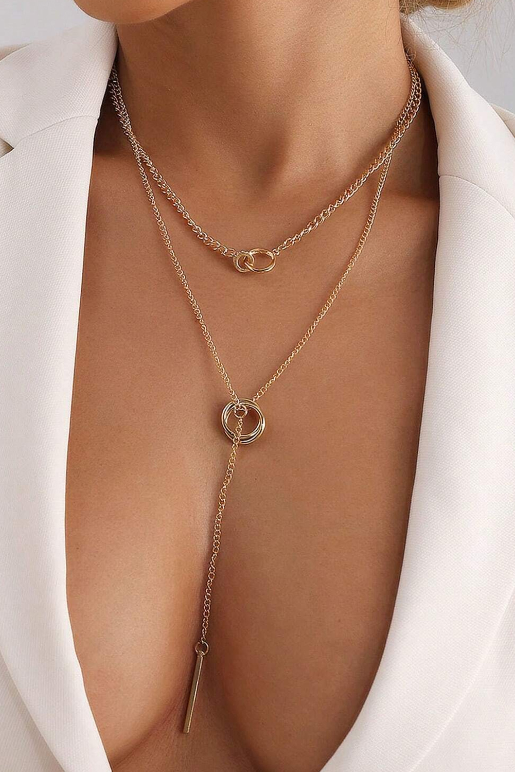Gold Plated Double Layer O-Ring Long Stick Pendant Chain Necklace - loveforevers