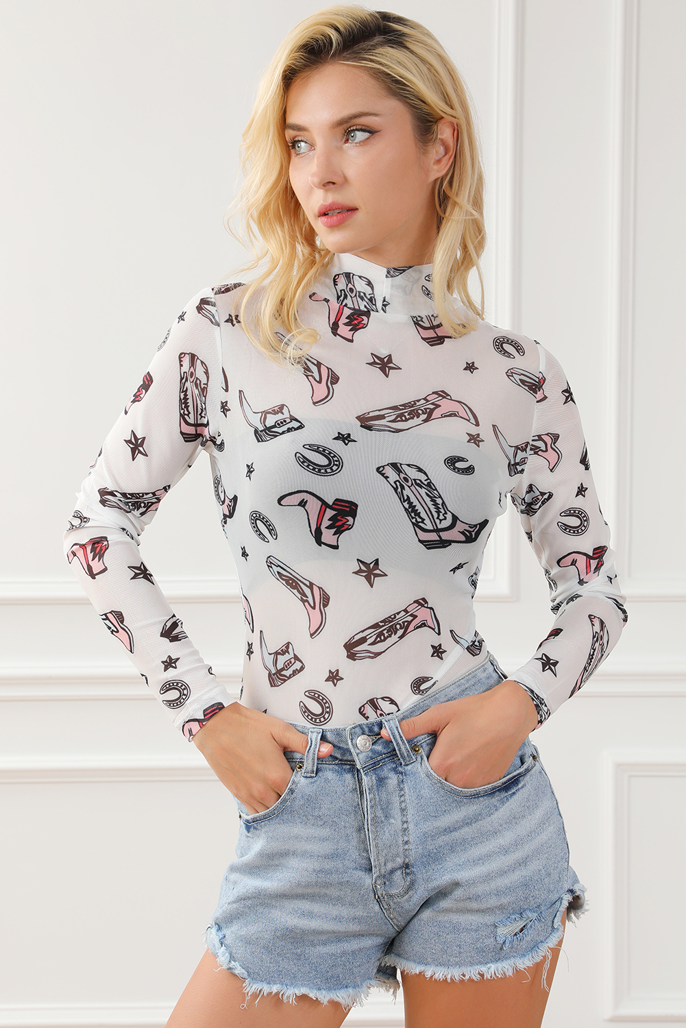 White Rodeo Bound Printed Long Sleeve Bodysuit - loveforevers
