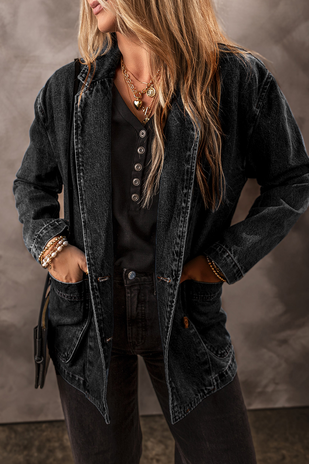 Black Side Pockets Lapel Collar Denim Jacket - loveforevers