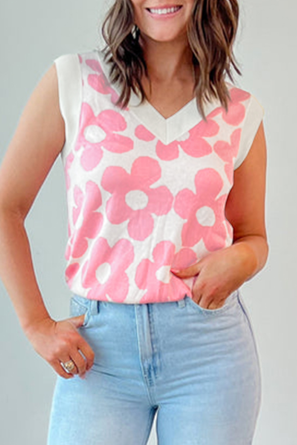 Pink Cute Flower Knitted V Neck Tank Top - loveforevers