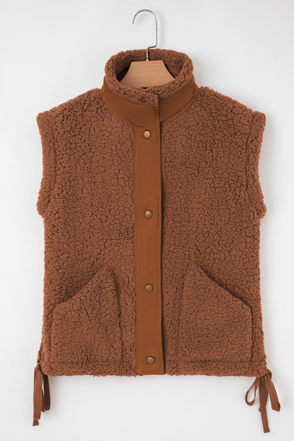 Cinnamon Faux Fur Snap Button Front Knot Side Plush Vest with Pockets - loveforevers