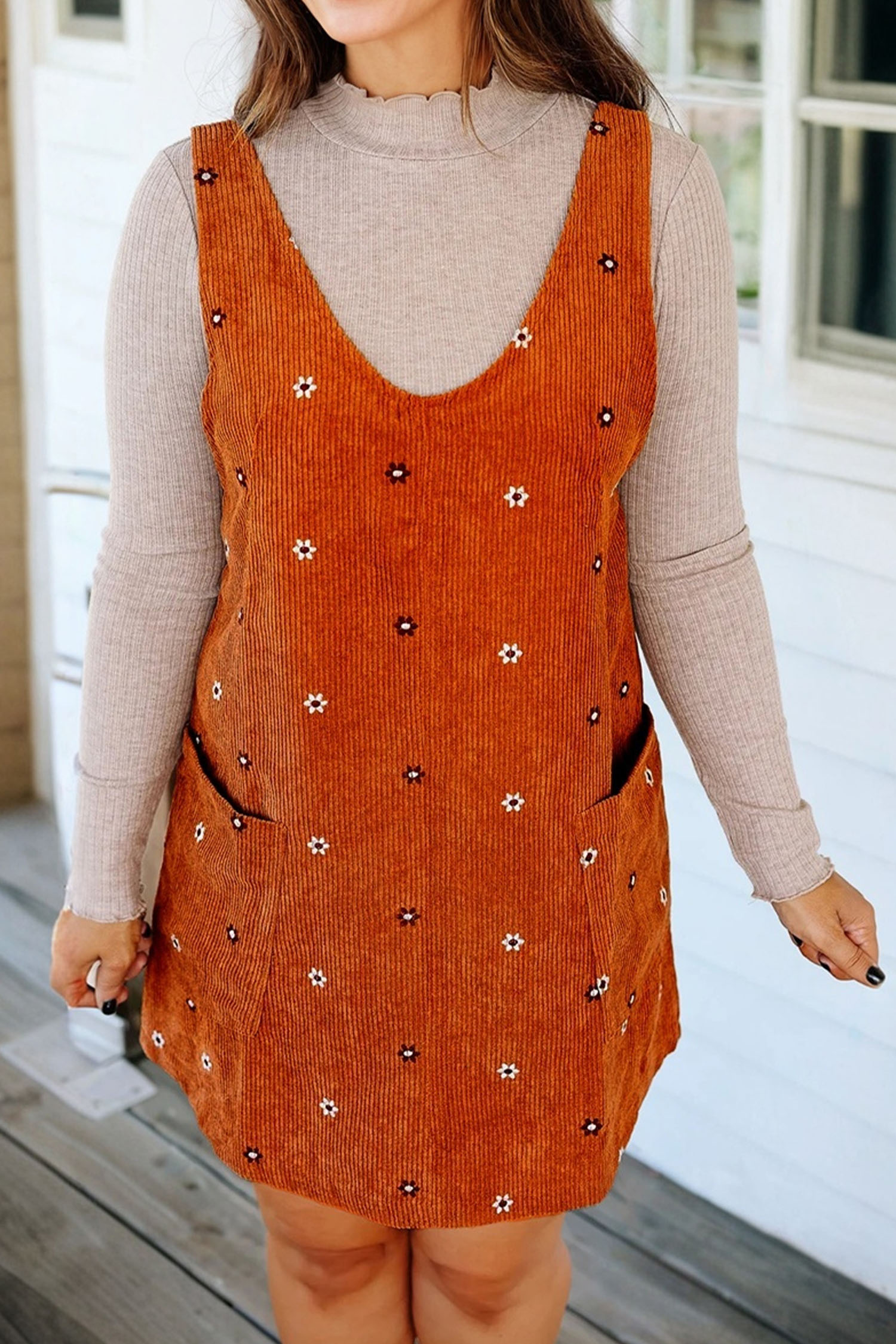 Gold Flame Flower Embroidered Corduroy Overall Mini Dress - loveforevers