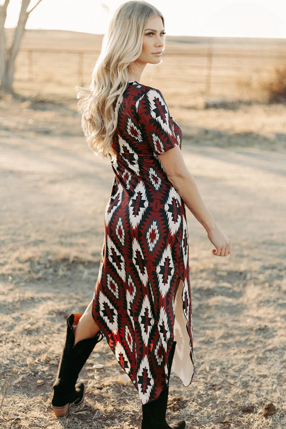 Red Western Aztec Printed Long T-shirt Dress - loveforevers