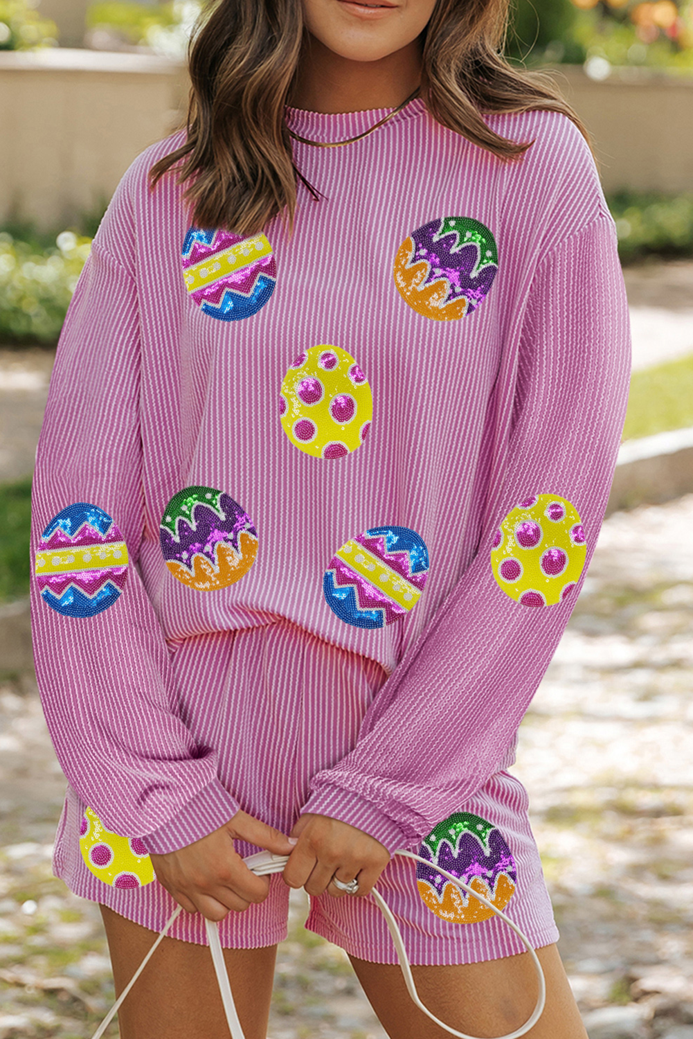 Phalaenopsis Easter Egg Patched Graphic Corded Long Sleeve Top Shorts Set - loveforevers