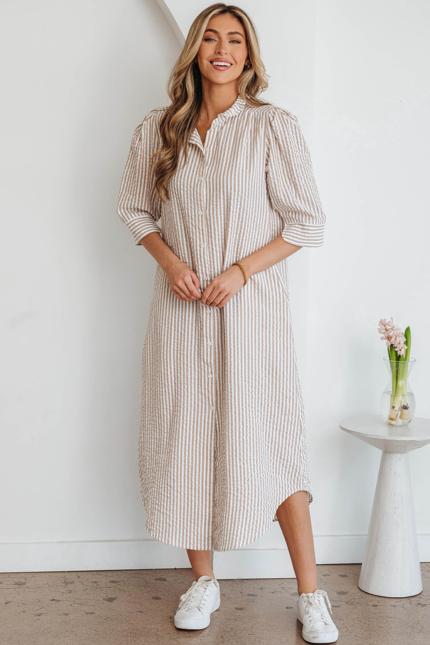 Khaki Stripe Frilled Collar Half Sleeve Shirt Maxi Dress - loveforevers