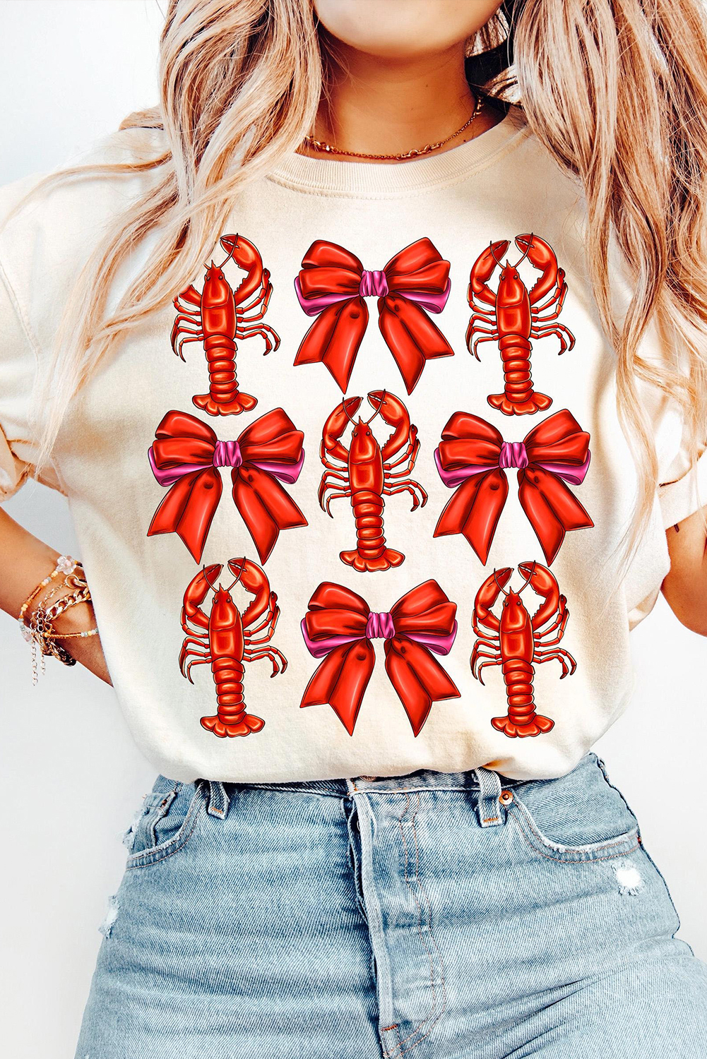 White Crawfish Bow Printed Casual T Shirt - loveforevers