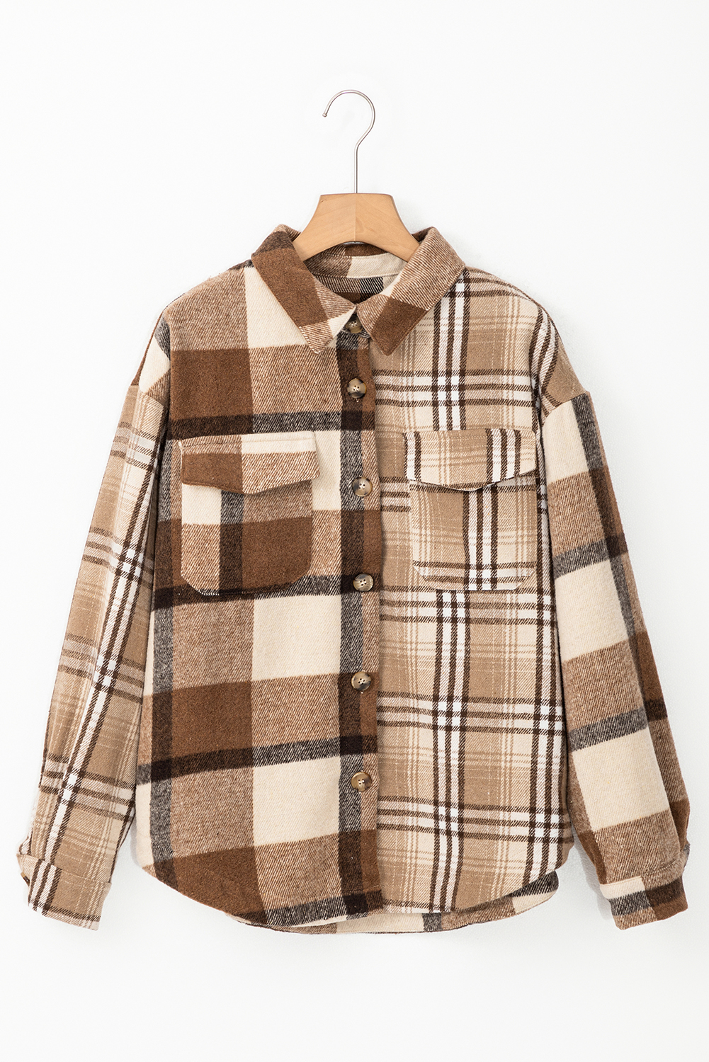 Light French Beige Flannel Plaid Double Flap Pocket Shacket - loveforevers