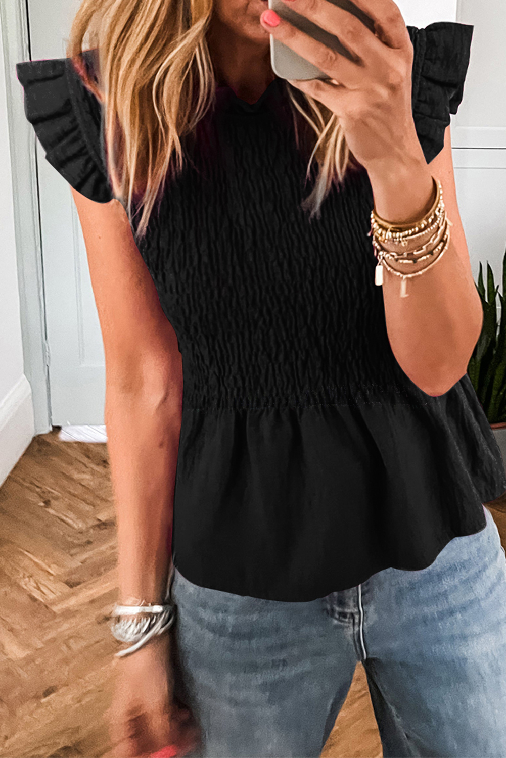 Black Ruffle Short Sleeve Shirred Peplum Top - loveforevers