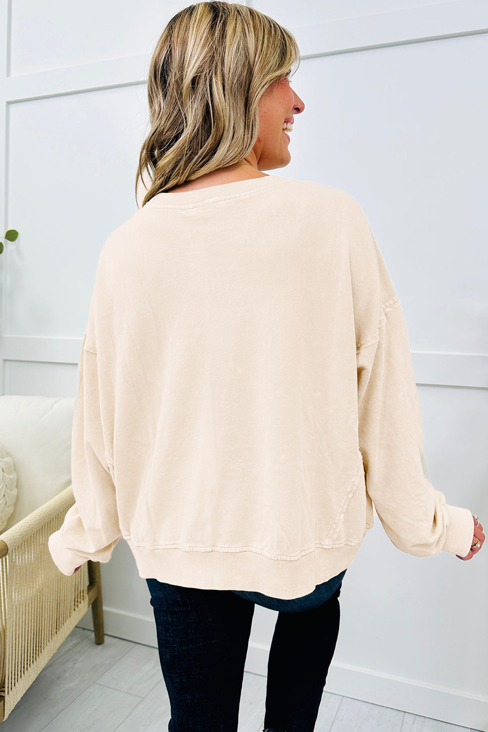 Beige Raw Edge Flower Patch Drop Shoulder Casual Top - loveforevers