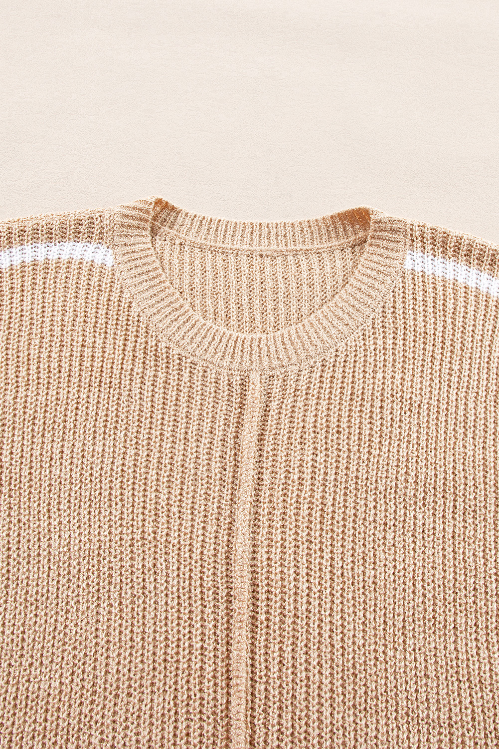 Light French Beige Contrast Striped 3/4 Sleeve Crew Neck Sweater - loveforevers