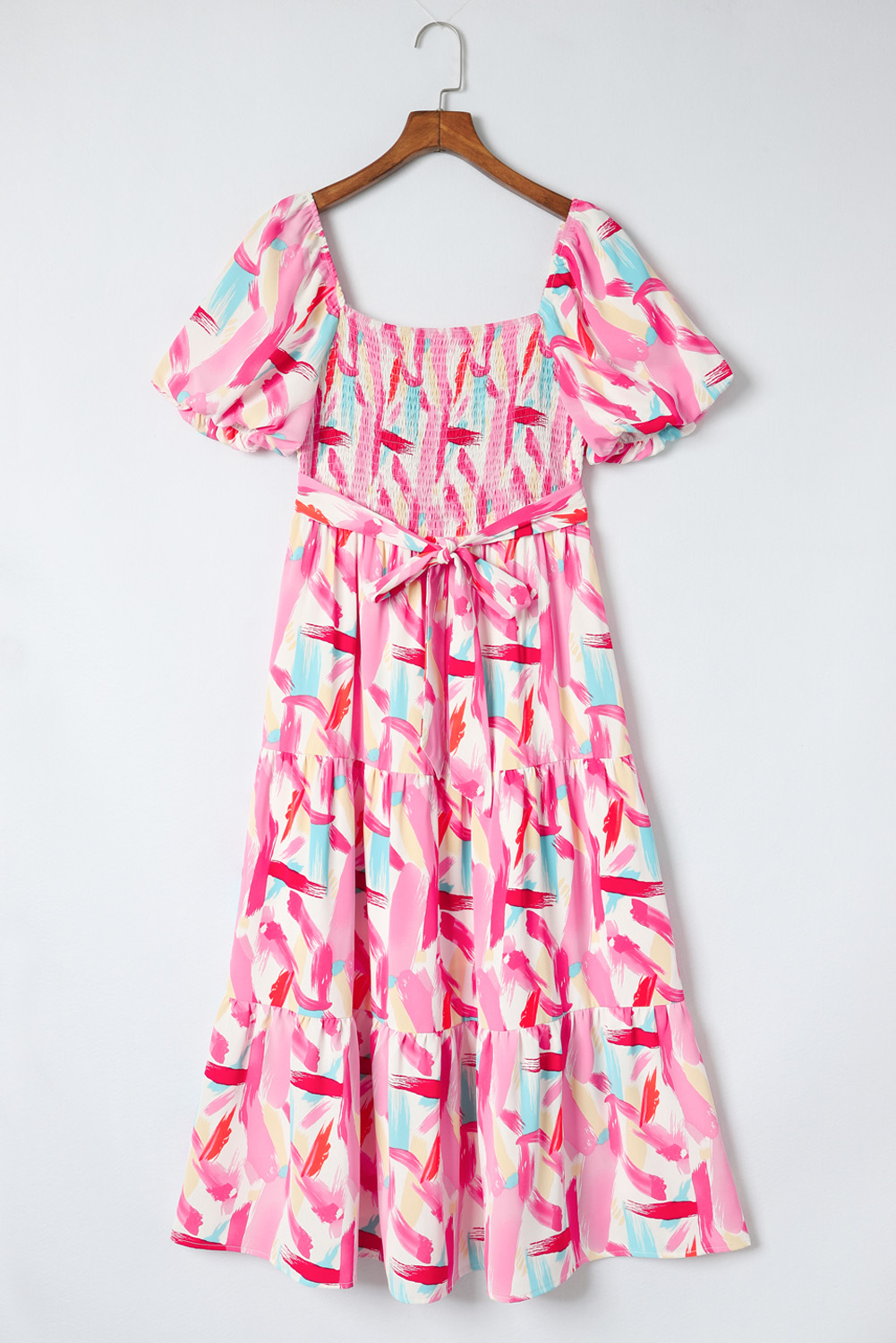 Pink Brush Stroke Printed Smocked Ruffle Tiered Dress - loveforevers