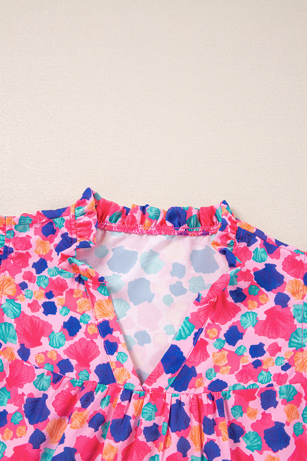 Rose Red Abstract Print Ruffled Sleeve V Neck Blouse - loveforevers