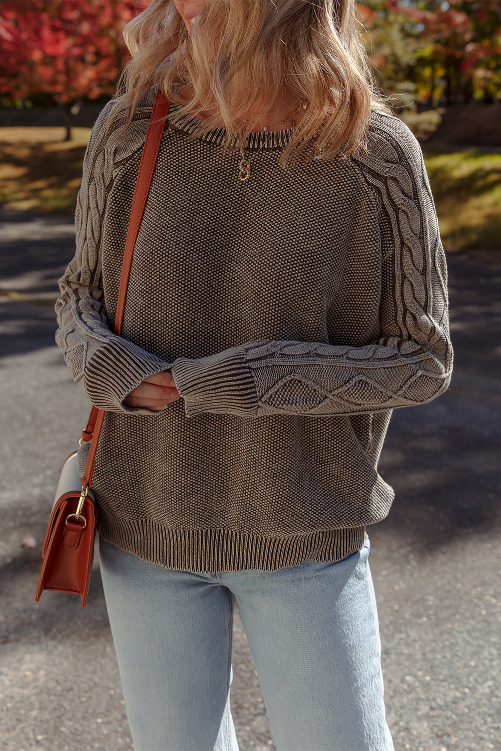 Dark Brown Contrast Cable Knit Sleeve Casual Sweater - loveforevers