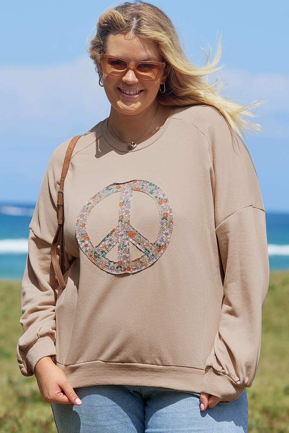Beige Flower Patch Graphic Exposed Seam Wide Sleeve Top - loveforevers