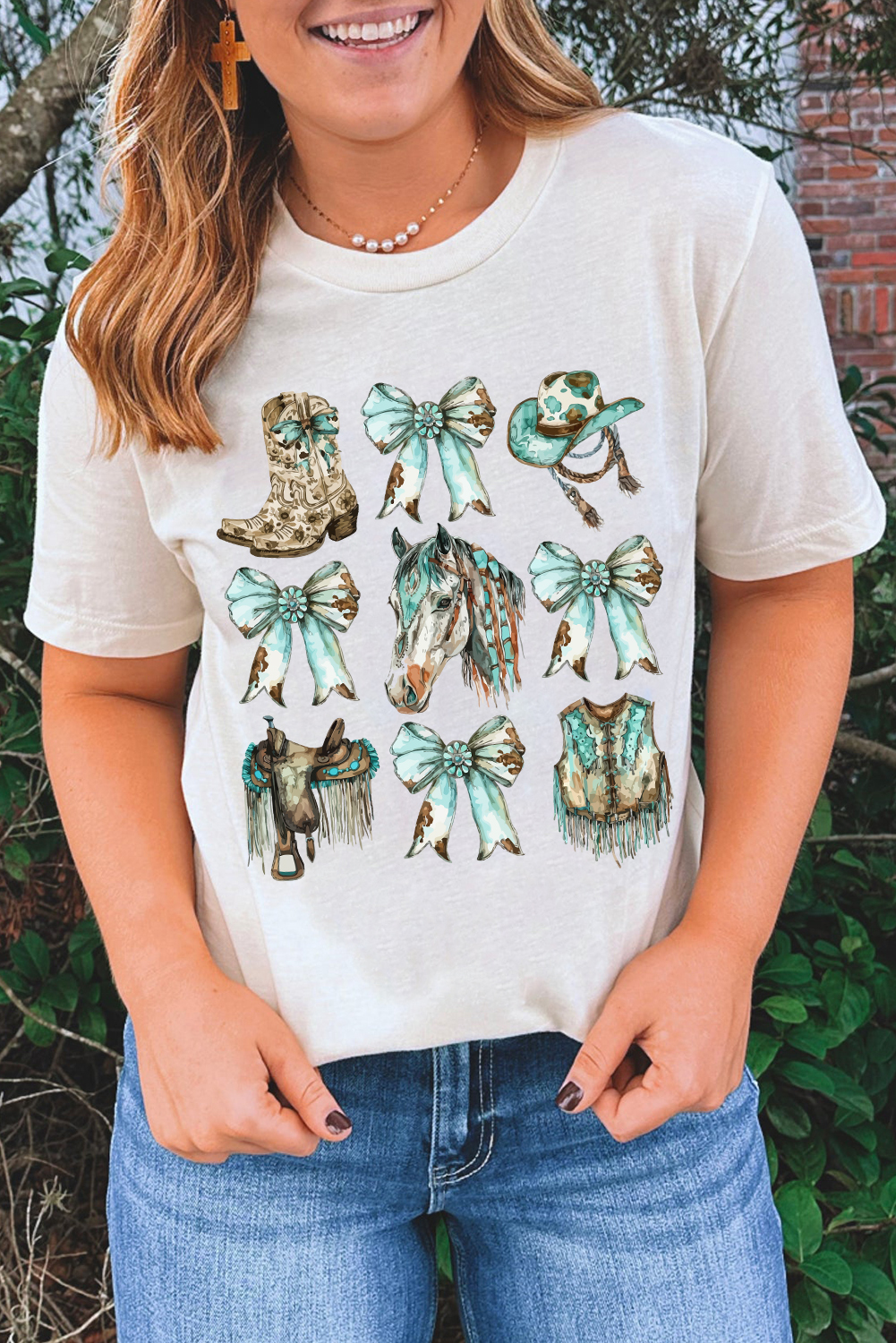 White Horse Bowknot Cowgirl Fashion Print Crewneck Tee - loveforevers