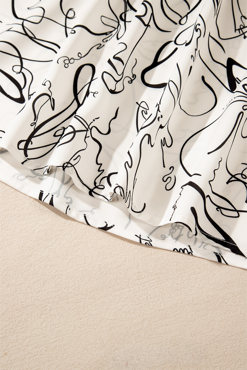 Beige Abstract Print Balloon Sleeve Crew Neck Blouse - loveforevers