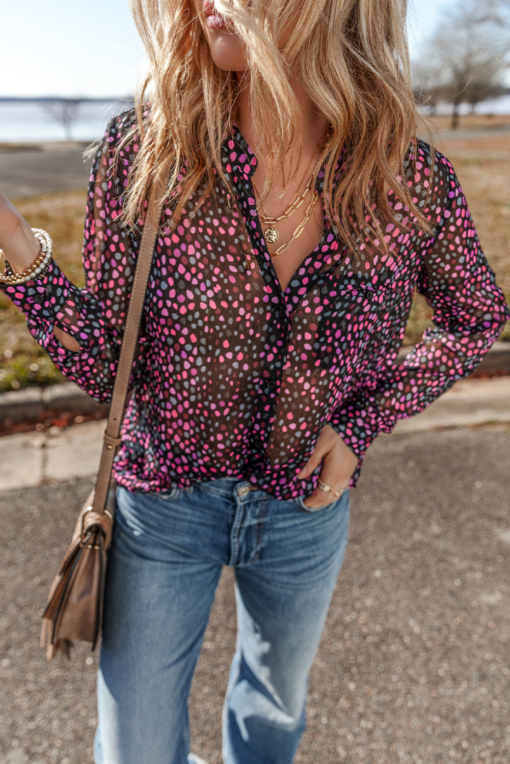 Grape Wine Polka Dot Printed Buttoned Casual Shirt - loveforevers