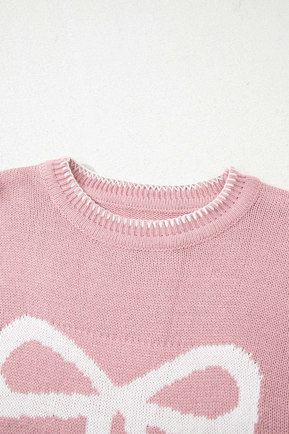White Bow Pattern Contrast Trim Christmas Loose Graphic Sweater - loveforevers