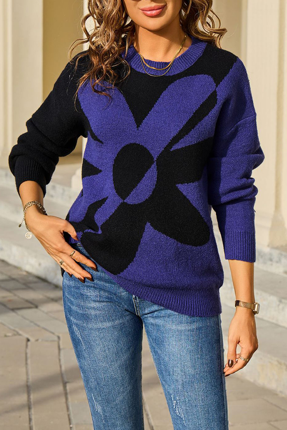 Black 2-tone Contrast Flower Pattern Drop Shoulder Bulk Sweater - loveforevers