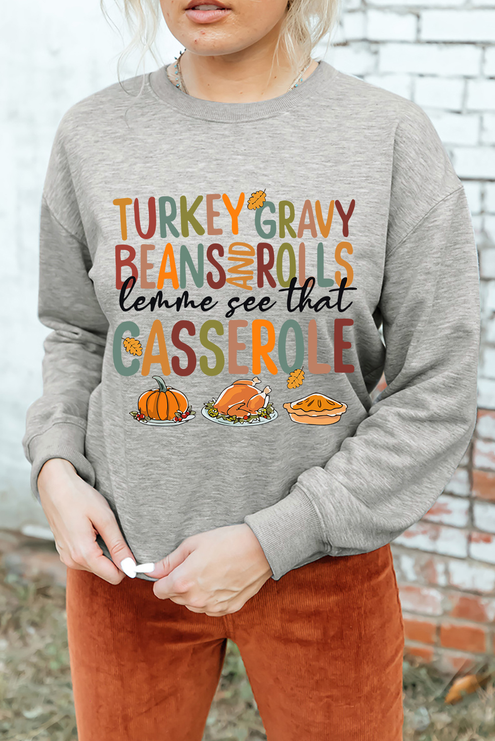 Gray Thanksgiving Slogan Pumpkin Turkey Pie Graphic Sweatshirt - loveforevers