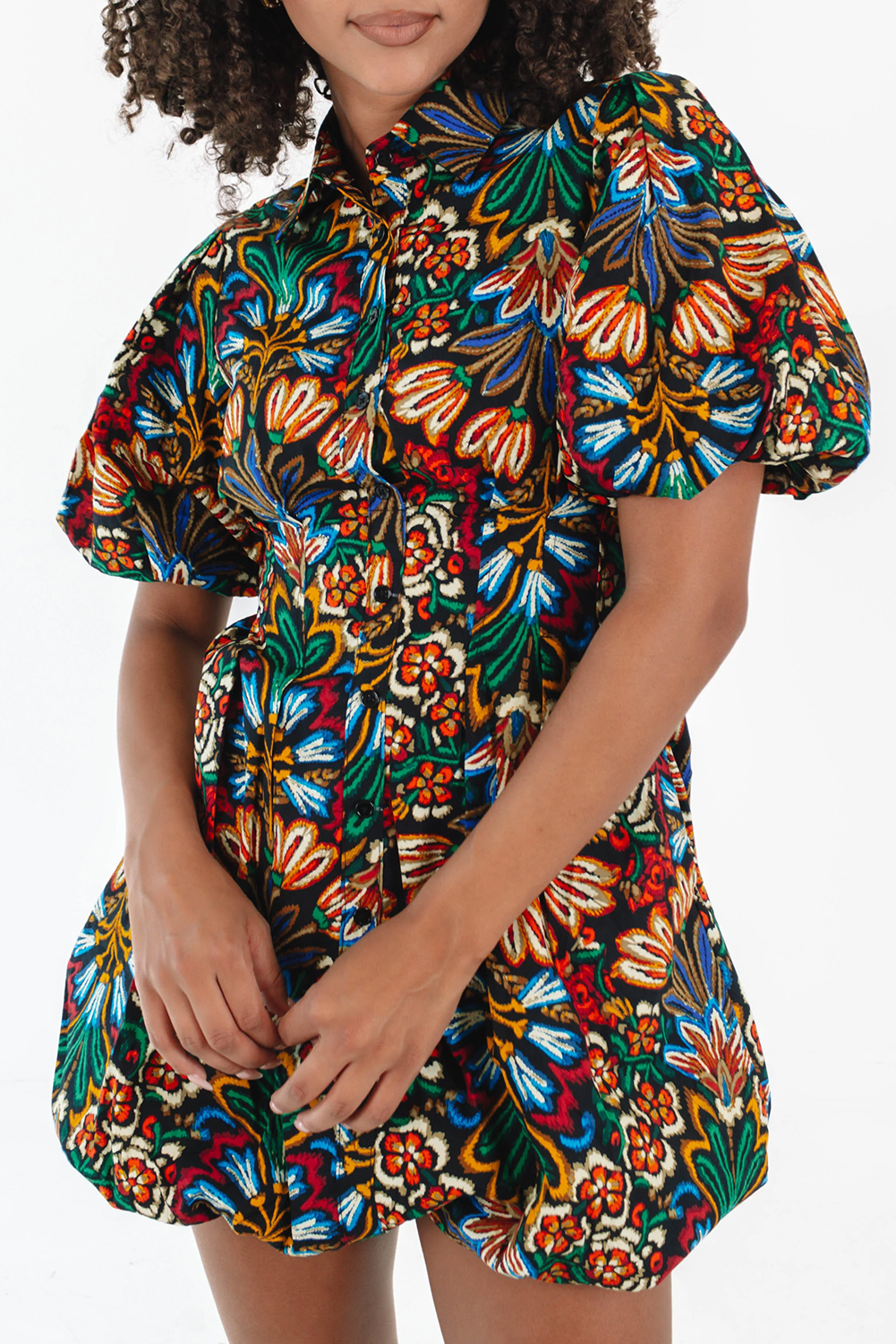 Multicolour Floral Puff Short Sleeve Shirt Mini Dress - loveforevers