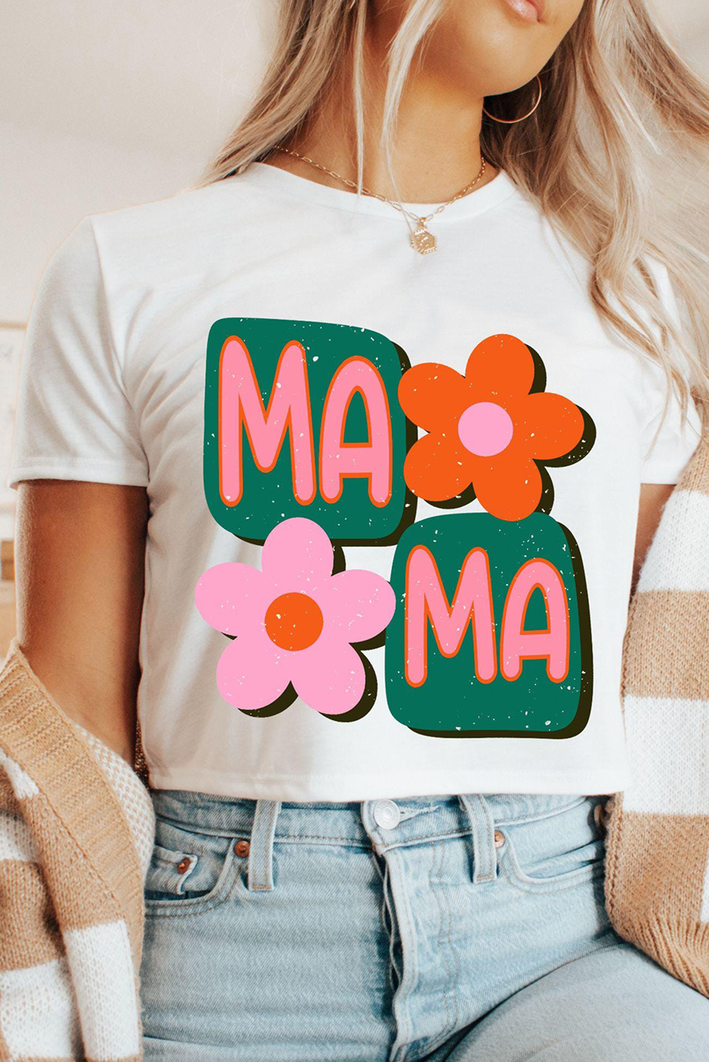 White MAMA Flower Graphic Crewneck Tee - loveforevers
