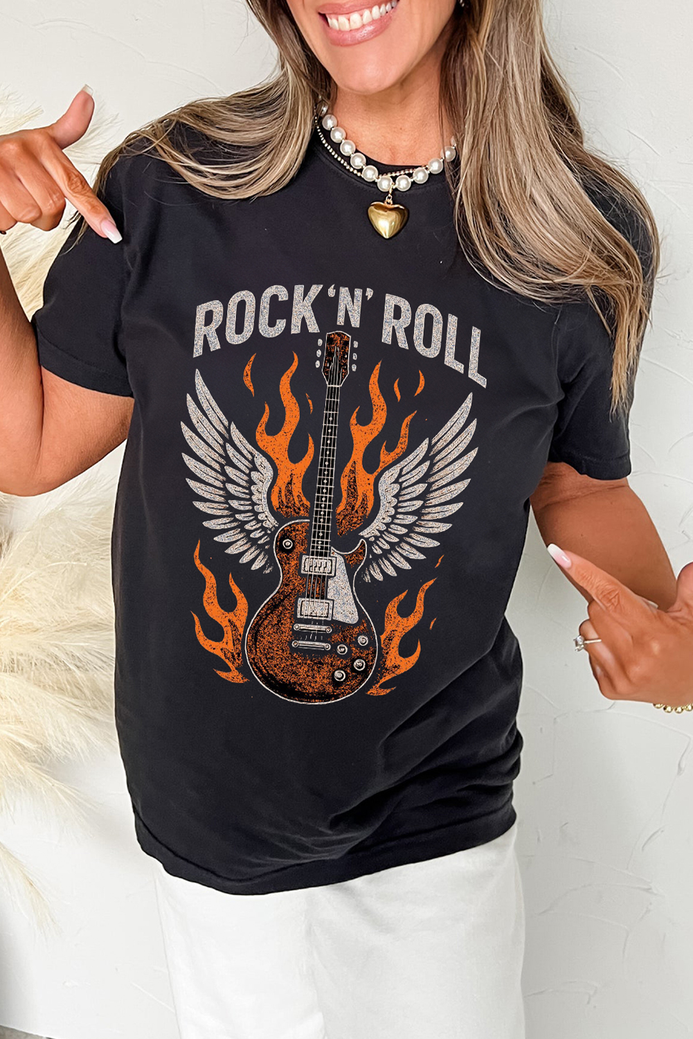 Black Guitar Wings Slogan Print Crew Neck T Shirt - loveforevers